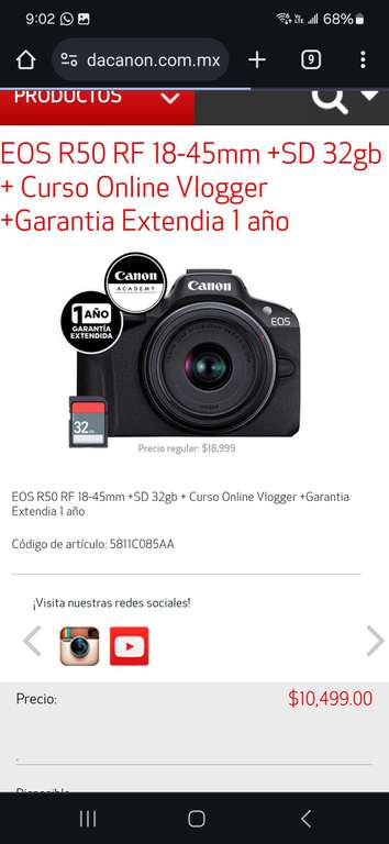 Tienda Canon y Mercado Libre: CANON EOS R50 RF 18-45mm +SD 32gb + Curso Online Vlogger +Garantia Extendia 1 año