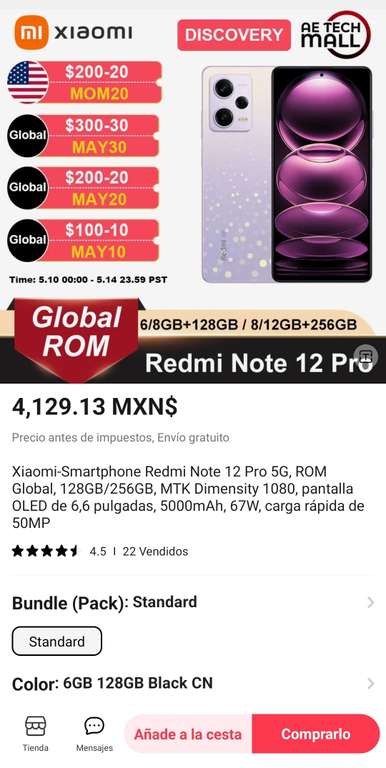 AliExpress: REDMI NOTE 12 PRO 5G ( 6GB/128GB ) rom global