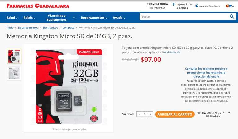 Farmacias Guadalajara: Memoria Kingston Micro SD de 32GB