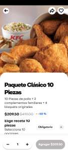 Rappi: Ofertas pro en KFC Paquete 10 pzas de pollo Más 2 complementos familiares y 4 bisquets