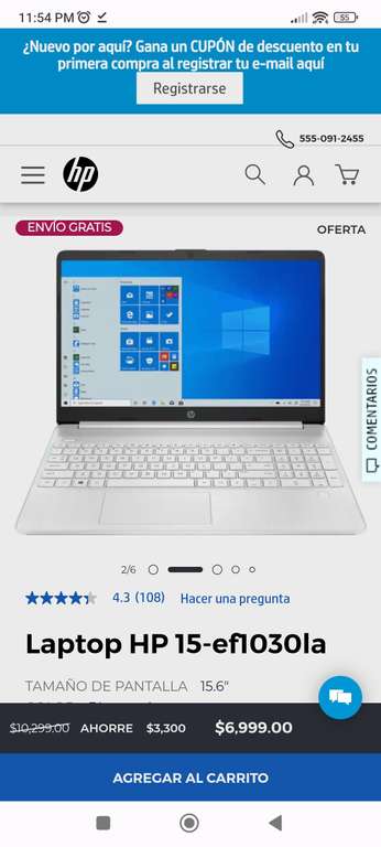 HP: Laptop HP 15-ef1030la ($6799 con cupón de primera compra)