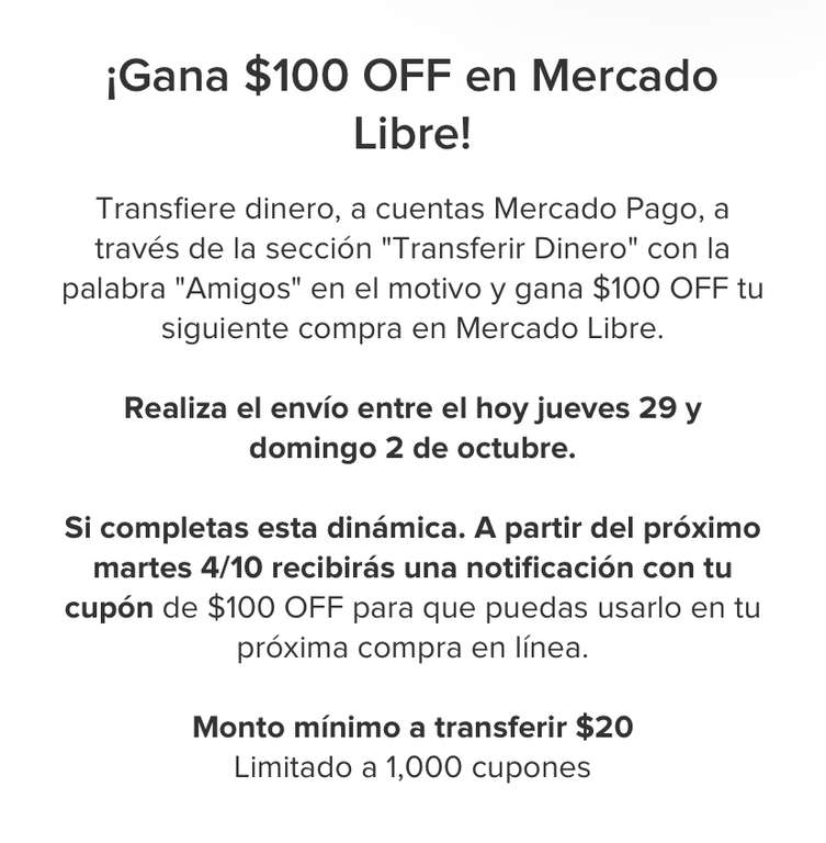 Mercado Pago: Cupón de 100 pesos en compra mínima de $101 al transferir dinero con el texto "Amigos" en el motivo