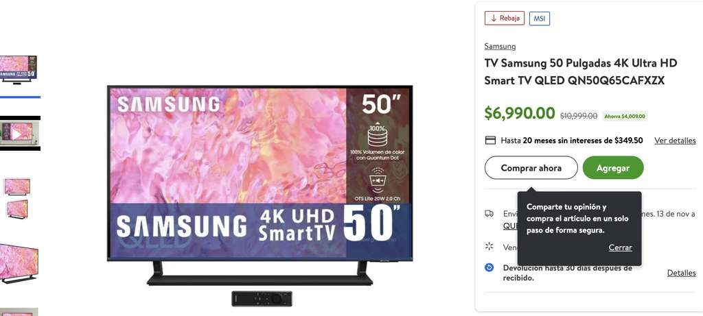 Bodega Aurrera: TV Samsung 50 Pulgadas 4K Ultra HD Smart TV QLED  QN50Q65CAFXZX 