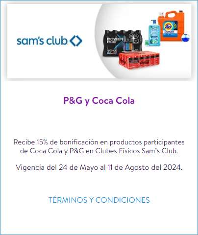 Cashi: 15% de bonificación en productos P&G y Coca Cola en Sams Club (Min $499)