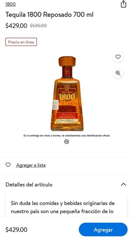Walmart Super: Tequila 1800 Reposado 700 ml