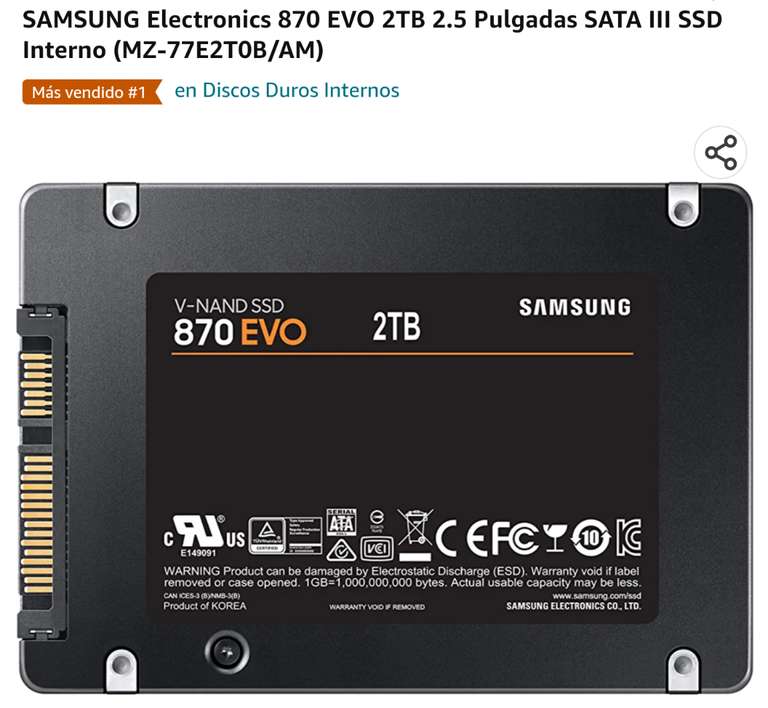 Amazon: SAMSUNG Electronics 870 EVO 2TB 2.5 Pulgadas SATA III SSD Interno (MZ-77E2T0B/AM) Oferta Relámpago Amazon
