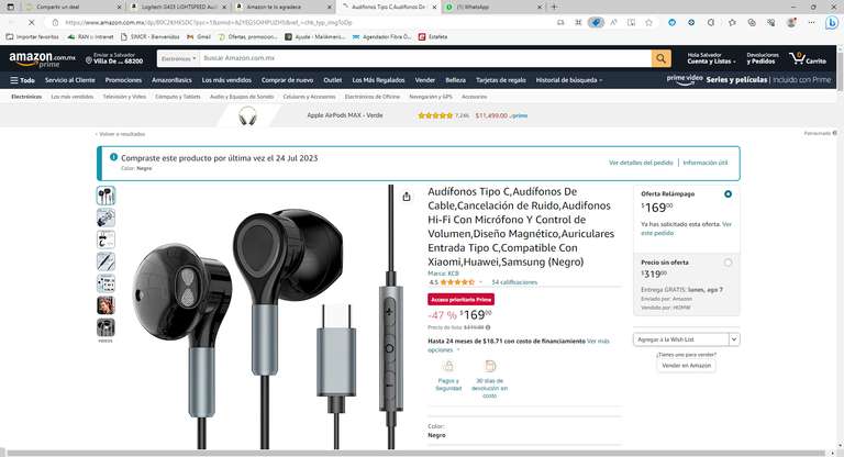 Amazon: Audífonos Tipo C,Audífonos De Cable,Cancelación de Ruido,Audifonos Hi-Fi Con Micrófono Y Control de Volumen,Diseño Magnético