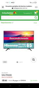 Bodega Aurrera: TV Hisense 65 Pulgadas 4K Ultra HD Smart TV LED 65R6E Reacondicionada