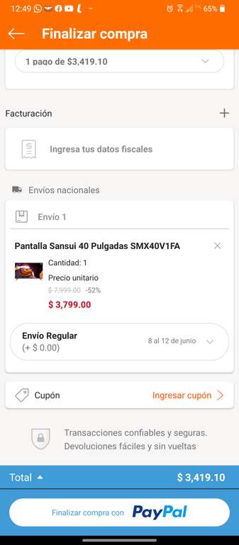 Linio:Android TV sansui 40" full hd (pagando con Paypal)