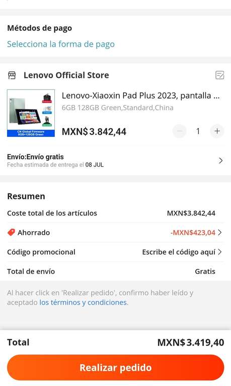 AliExpress: Tablet Lenovo Xiaoxin Pad Plus 2023 6gb, 128gb Green