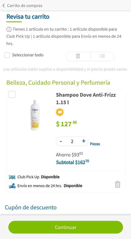 Sam's Club: 2 botellas de Shampoo Dove Anti frizz 1.15 L
