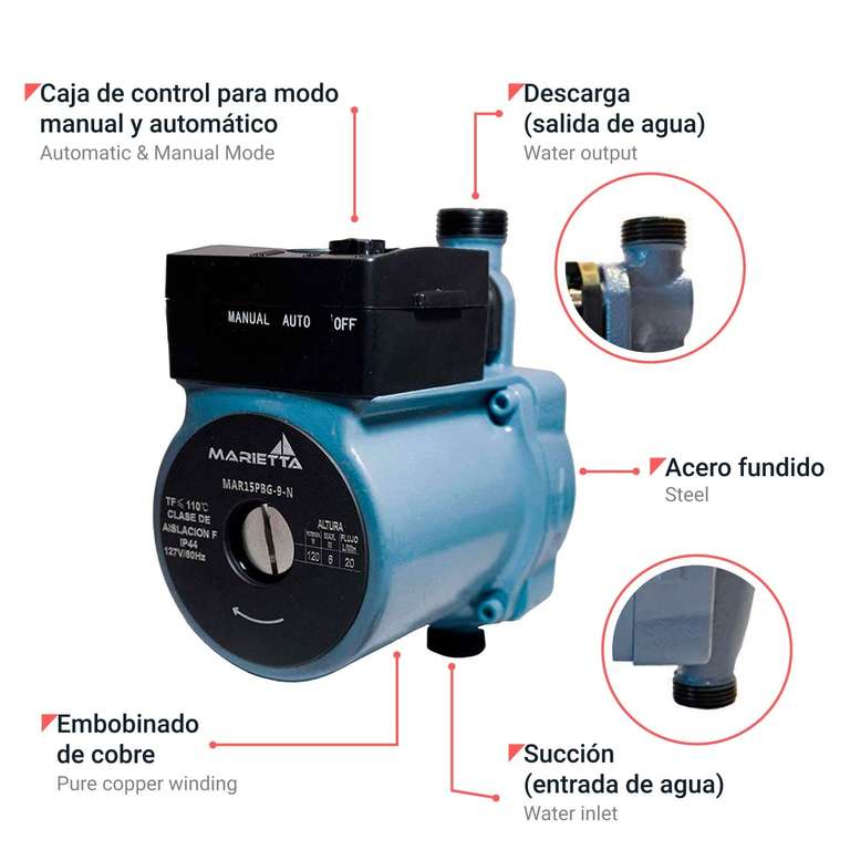 Amazon: Bomba Presurizadora 1 a 2 Servicios 120W, Automática y Manual