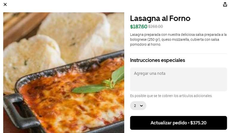 Uber eats: 2 Lasagna al Forno, Manzara Country, los mochis | Uber one