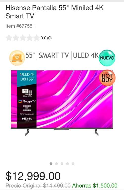 Costco [APP]: Hisense Pantalla 55" Miniled 4K Smart TV