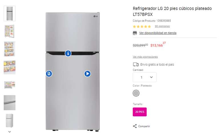 Liverpool: Refrigerador LG 20 pies cúbicos 13,166 pesos