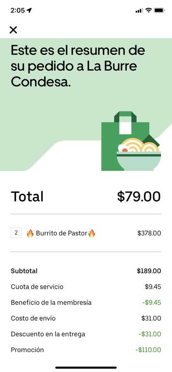 Uber Eats [Miembros One] - LA BURRE CONDESA - CDMX, 2 burritos de pastor por $79 pesos | 2x1 + $110 OFF
