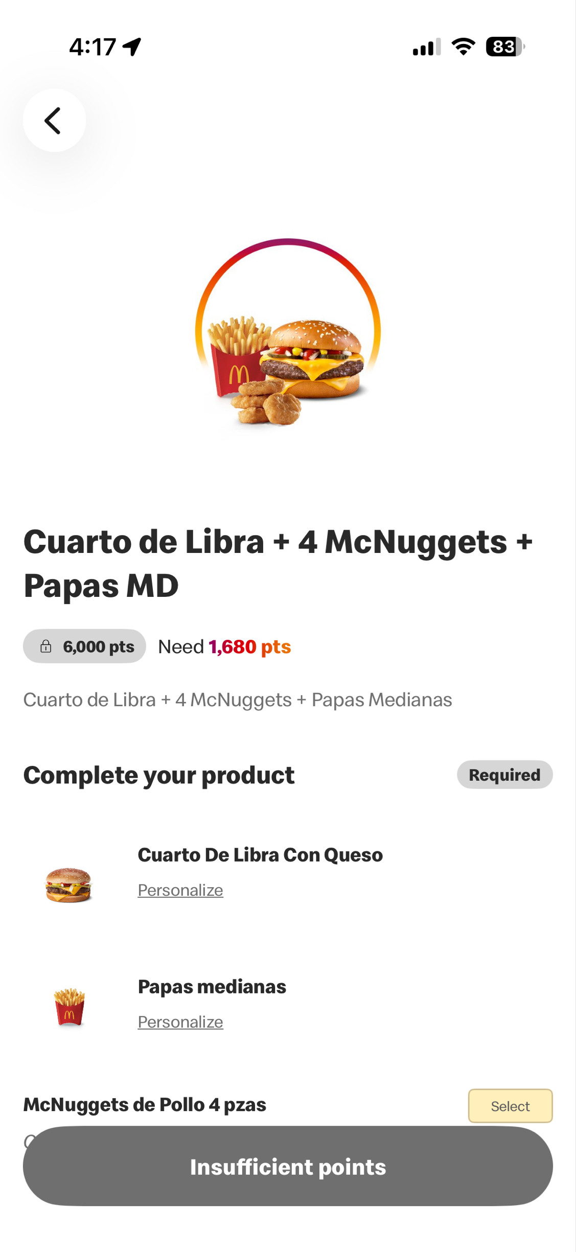 McDonald's | Cuarto de libra + papas + 4 nuggets por 6,000 puntos