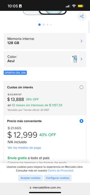 Mercado Libre - iPhone 15 Azul 128 GB