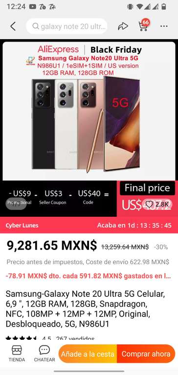 AliExpress: Samsung Galaxy Note 20 ultra (reacondicionado) | $8516 (incluyendo envío)