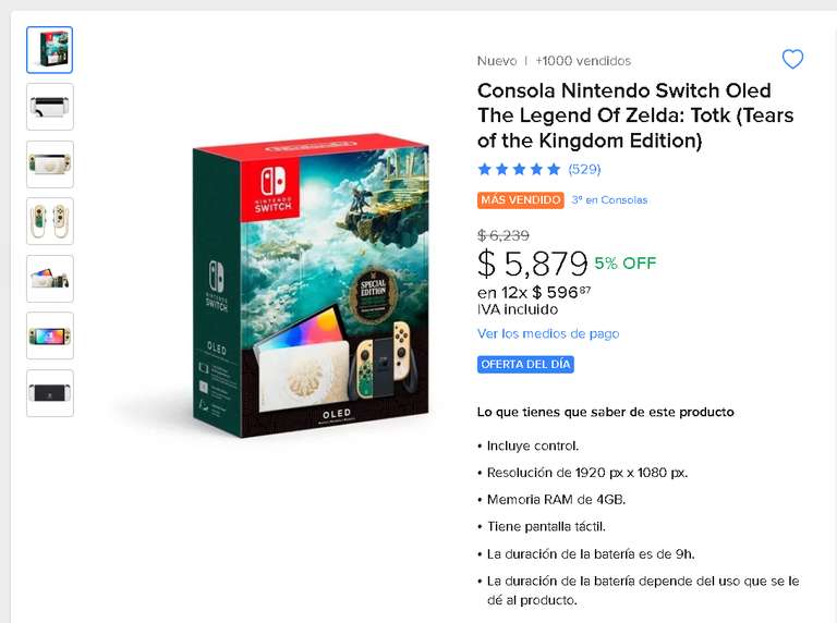 Mercado Libre - Nintendo Switch Oled Edición Zelda TotK | Pagando con bancos participantes 10% OFF | Con banorte $4572