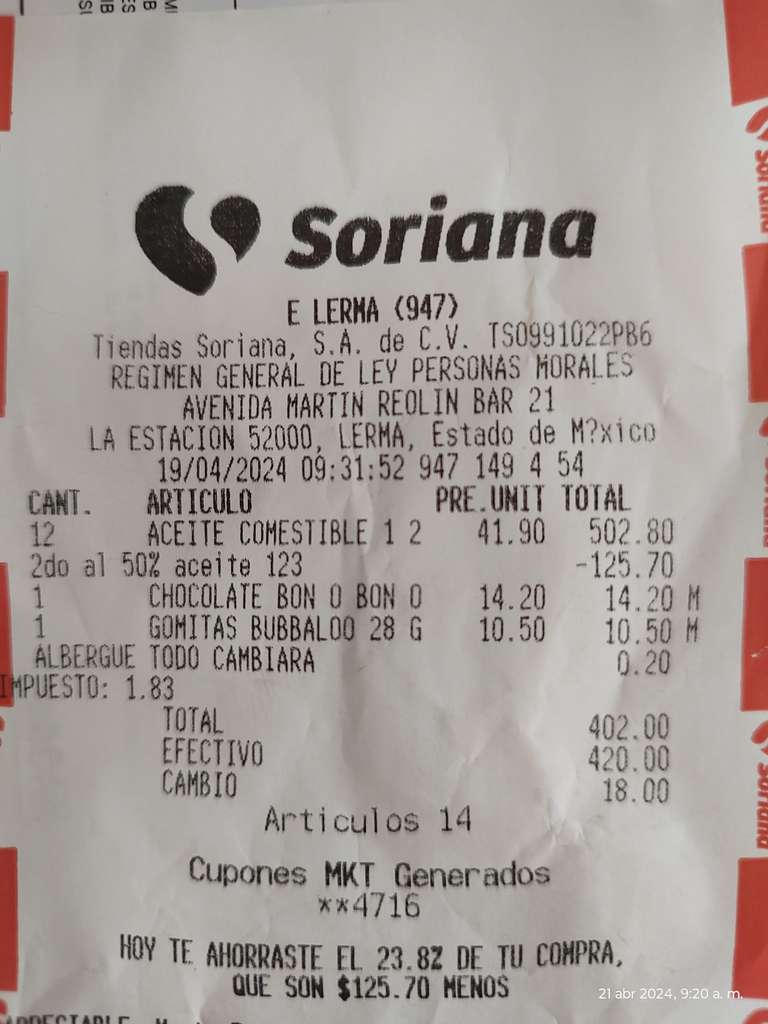 Soriana Express Lerma, aceite 123 $31 comprando 2 pz