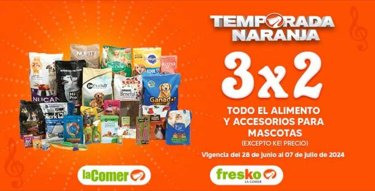 La Comer y Fresko: Temporada Naranja (15° Oferta Estelar): 3x2 en todo el alimento y accesorios para mascota