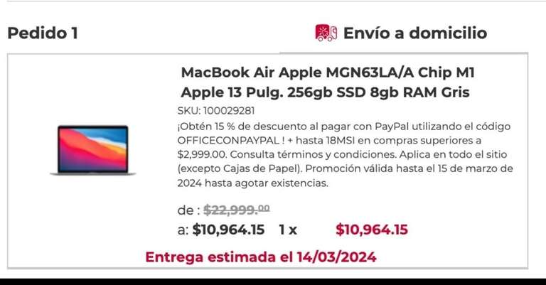 MacBook M1 office Depot 15% descuento con PayPal (posible bug)