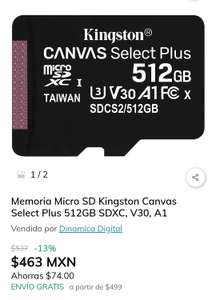 Claro Shop: Memoria Micro SD Kingston Canvas Select Plus 512GB SDXC, V30, A1