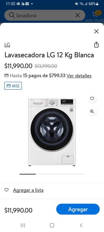 Lavasecadora LG 12kg blanca en Walmart