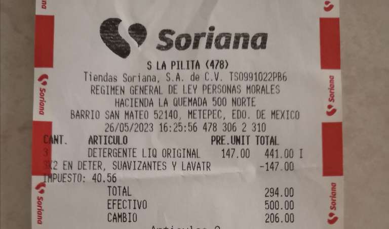 Soriana: detergente líquido tide 2.72 lts. en 98.00 comprando 3, su precio unitario sin promoción es de 147.00