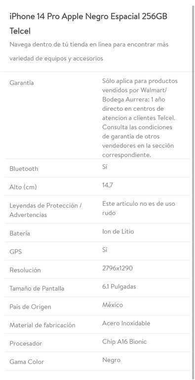 Bodega Aurrera: iPhone 14 pro 256 Nuevo | Pagando con TDC BBVA a 12 MSI