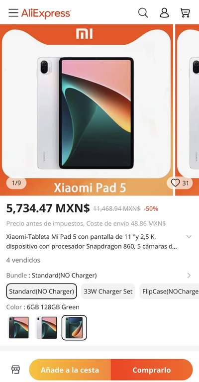 Aliexpress Xiaomi pad 5 sin cargador y con cargador 33w 6,137.18