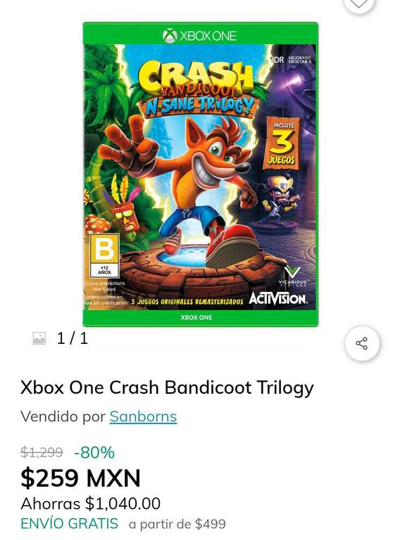 Claro Shop: Crash Bandicoot N. Sane Trilogy Xbox One físico