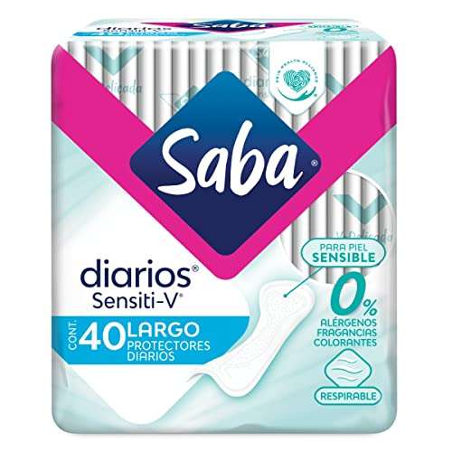 Amazon: SABA Diarios Sensiti-v, Protectores Diarios Largos, 40 Piezas, color, 40 count | Planea y Ahorra, envío gratis con Prime