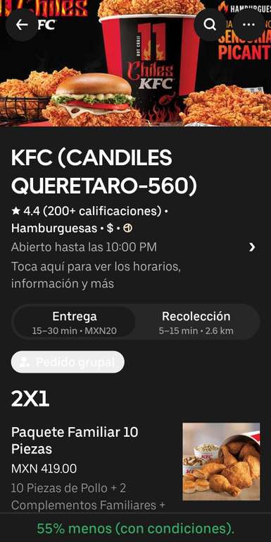 Uber Eats KFC 2 Paquetes familiares 10 piezas + 2 bisquets + 2 complementos + 4 bisquets