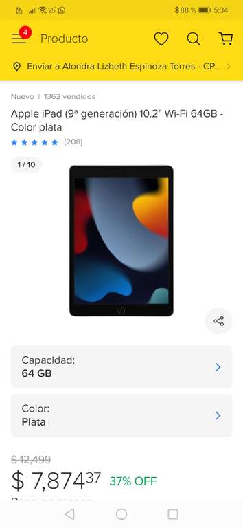 Mercado Libre: Apple iPad (9ª generación) 10.2" Wi-Fi 64GB - Color plata