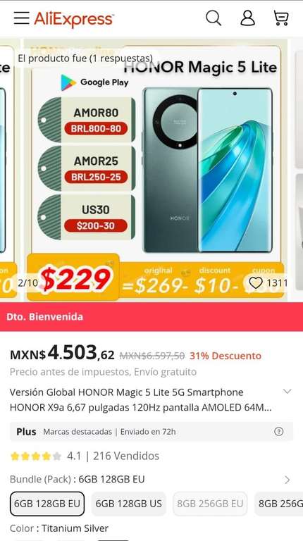 AliExpress: Teléfono Honor Magic 5 Lite 6gb + 128gb versión global