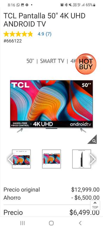 Costco TCL Pantalla 50" 4K UHD ANDROID TV