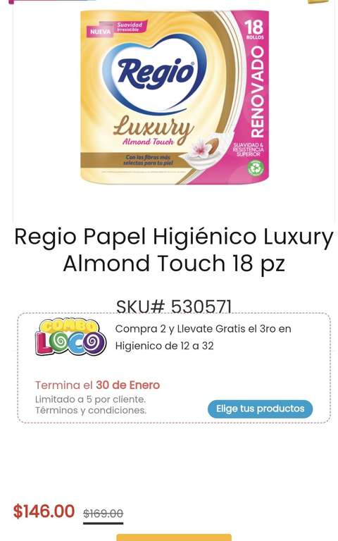 HEB: Papel Higiénico Regio Luxury Almond Touch 18 pz en $97 c/u comprando 3pz