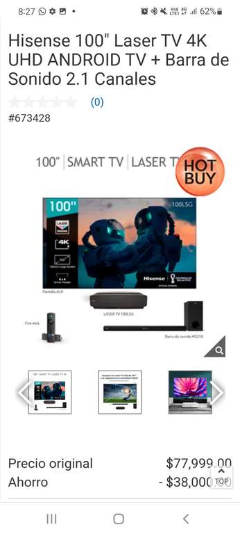 Costco Hisense 100" Laser TV 4K UHD ANDROID TV + Barra de Sonido 2.1 Canales