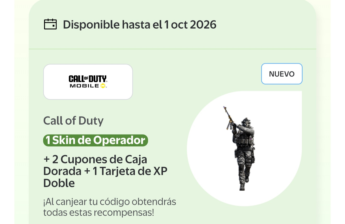 Walmart Beneficios 1 Skin de operador Ghost Cod Mobile