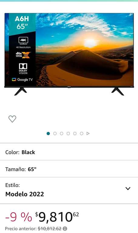 Amazon: Hisense Pantalla 65" 4K Smart TV LED 65A6H Google TV (2022) (Pagando con TDC Digital Afirme)