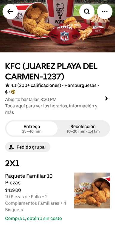 UberEats: 2x1 KFC paquete familiar de 10 piezas.