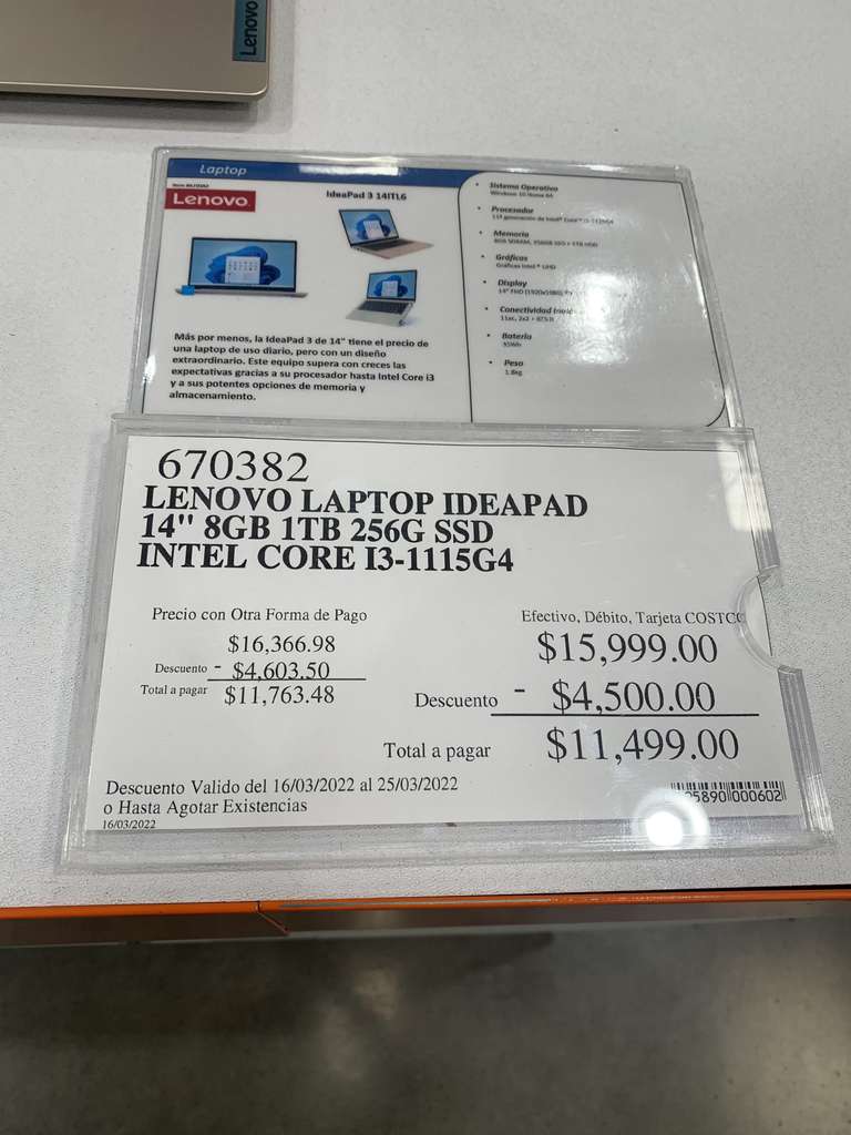 Costco Laptop Lenovo core i3 11 generación 8gb 256 1tb