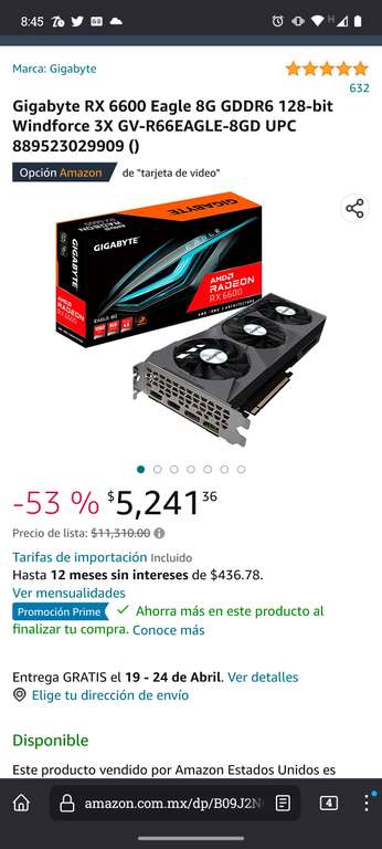 Amazon: Gigabyte RX 6600 Eagle 8G GDDR6 128-bit Windforce 3X GV-R66EAGLE-8GD UPC