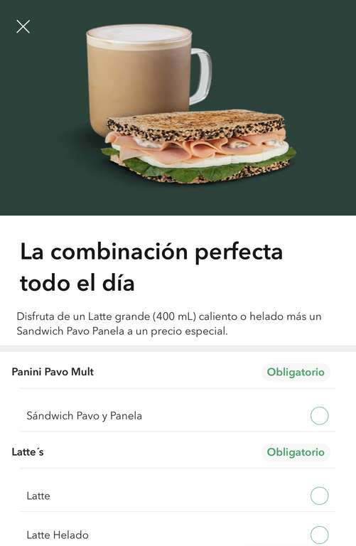 Starbucks - Combo Late Grande + Sándwich Pavo y Panela