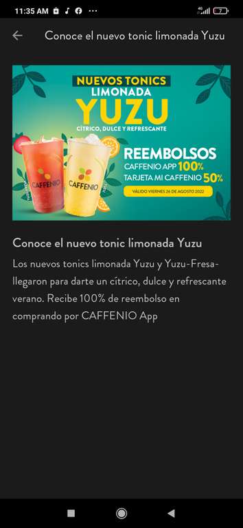 Caffenio 100% de reembolso en nueva bebida Yuzu y Yuzu fresa solo hoy pidiendo en la app