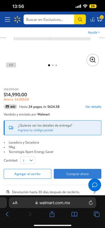 Walmart: Combo Lavadora-Secadora Whirlpool 19 KG $11,99 (BBVA)