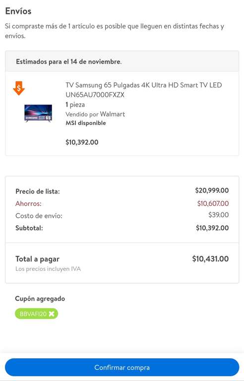 Walmart: Pantalla Samsung 65 pulgadas 4k UN65AU