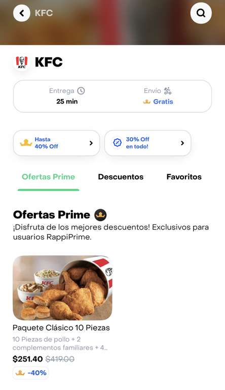 Rappi [app]: KFC 20 piezas de pollo + 4 complementos + 8 pz bisquets USUARIOS PRIME PLUS